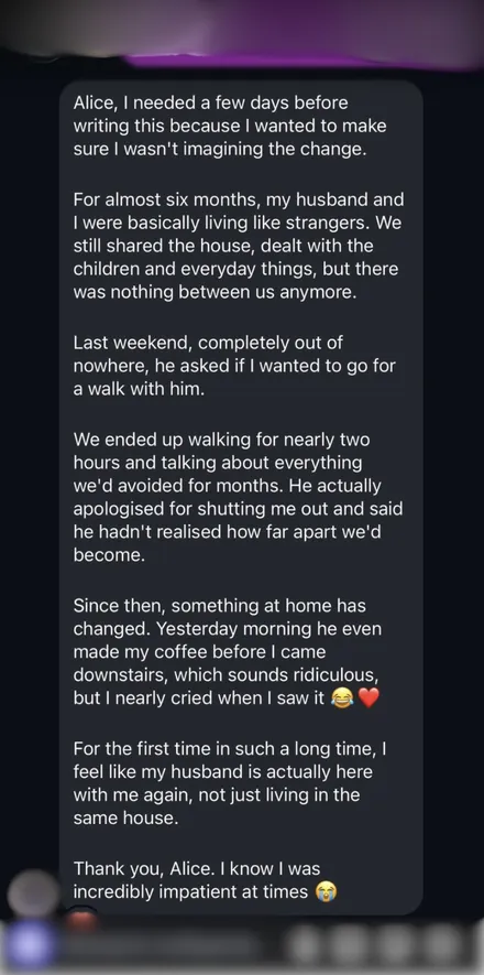 Client message: after six months apart her husband asked her for a walk and apologised