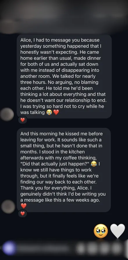 Client message: he came home early, made dinner and they talked for three hours