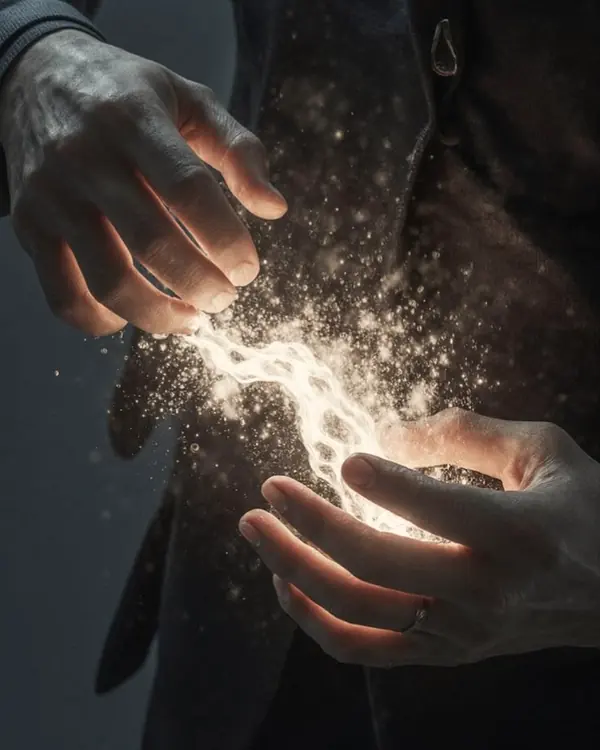 A glowing stream between two hands