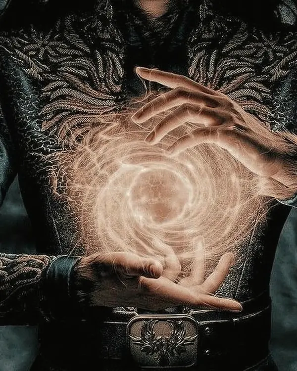 Hands above a glowing swirl against embroidered fabric